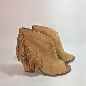 Gianni Bini Fringe Open Toe Tan Suede Leather Zip Booties Size 9M